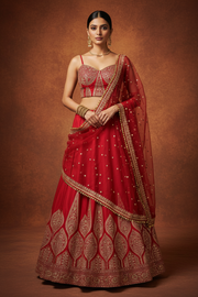 Red Benarsi Corset Lehenga Set