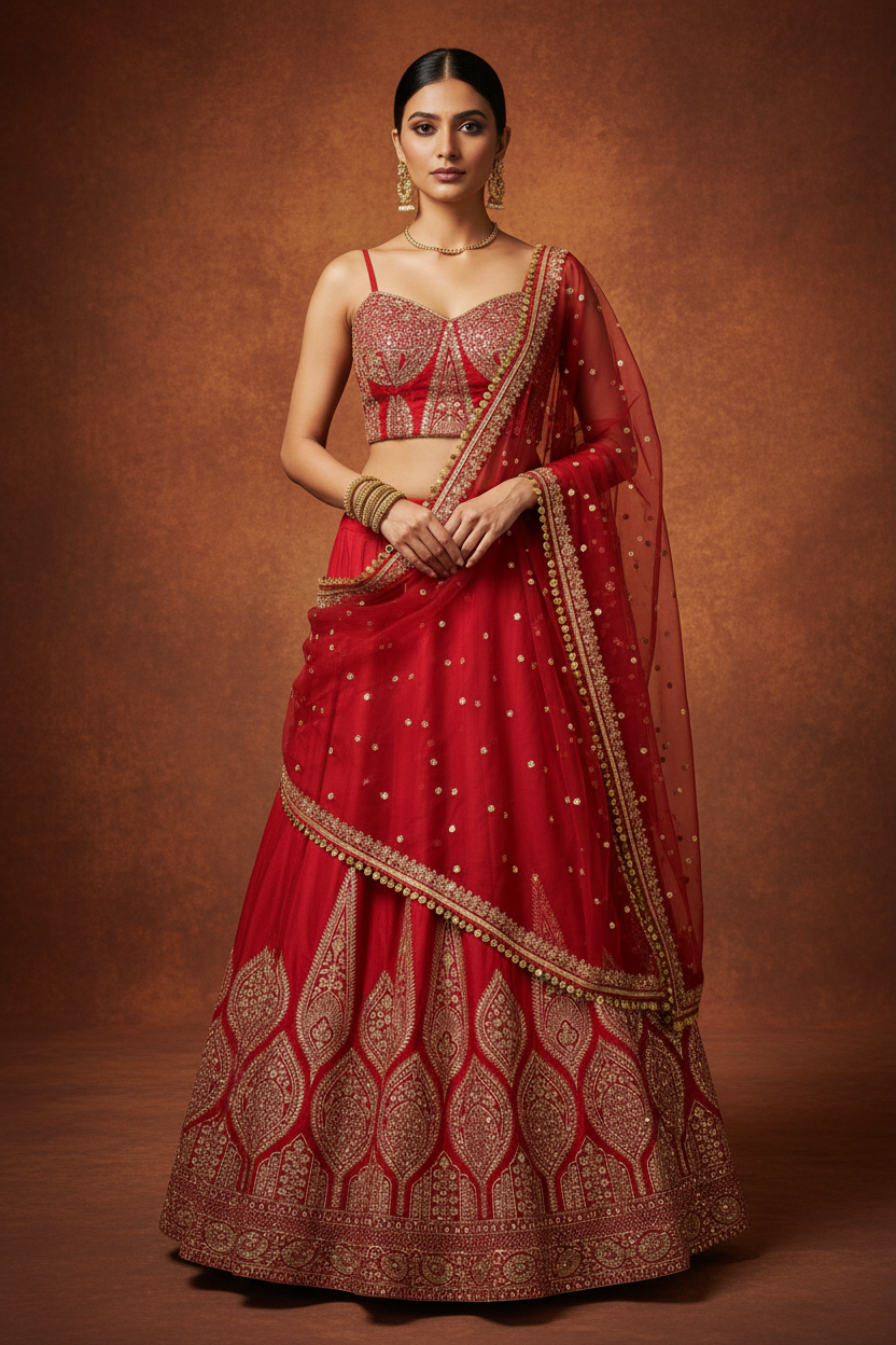 Red Benarsi Corset Lehenga Set