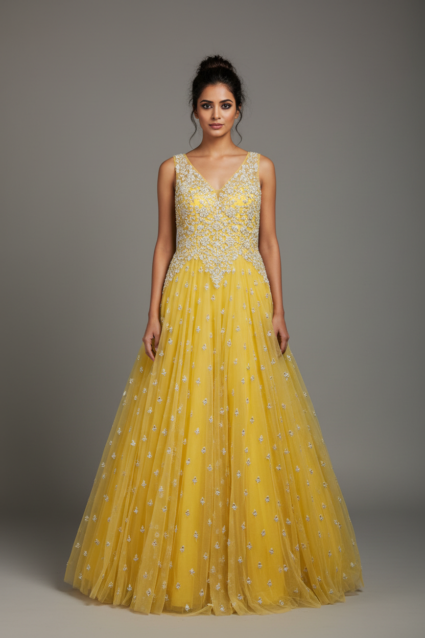 Yellow mirrorwork sleeveless gown - front pose without dupatta