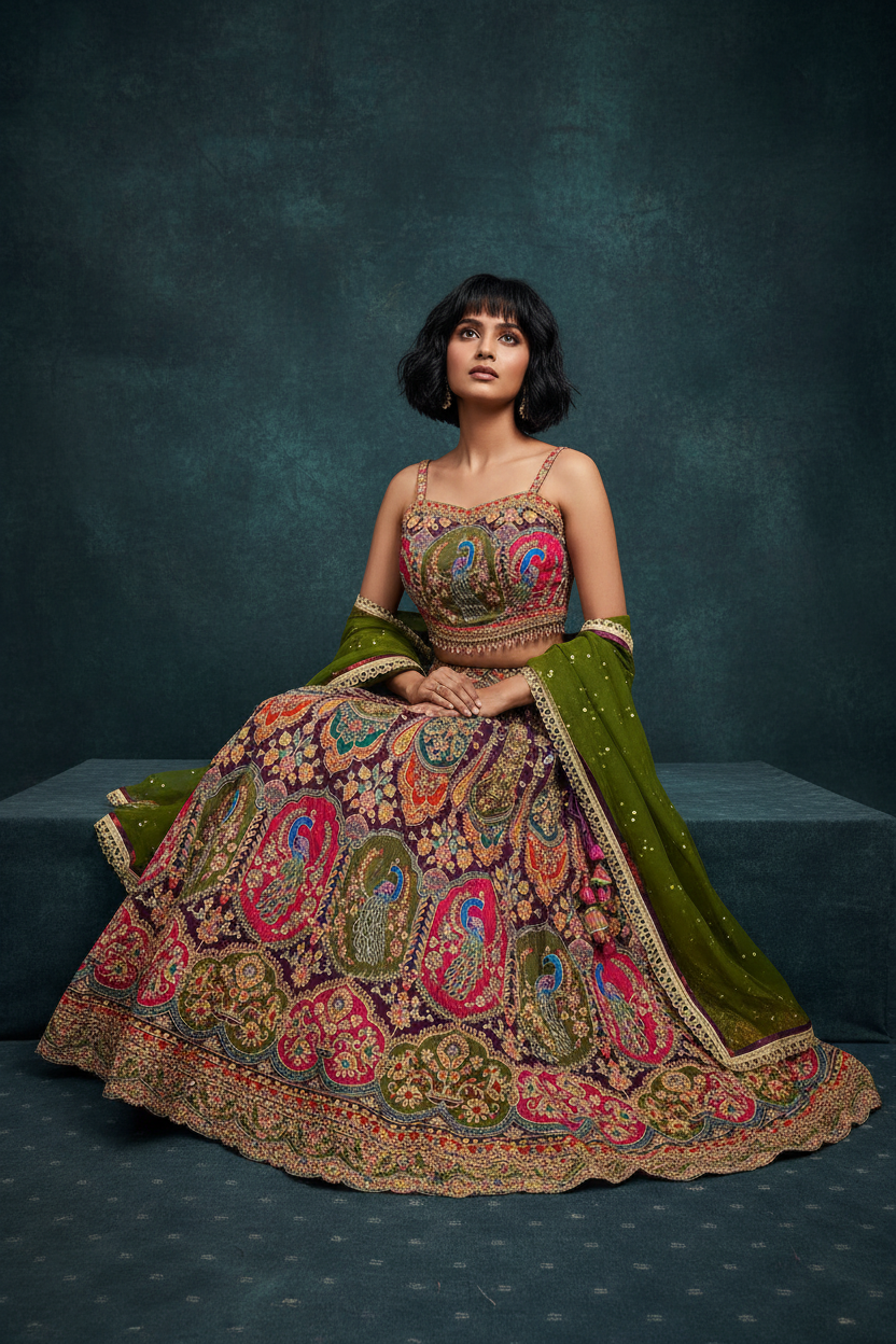 Purple Peacock Embroidered Lehenga