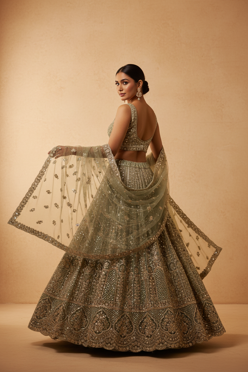 Sage green embroidered lehenga - three-quarter turn pose
