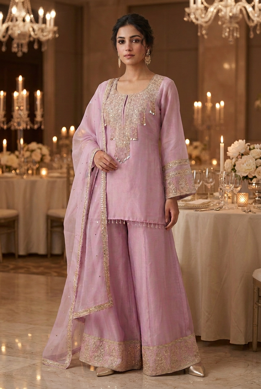 Three-quarter view of lilac sharara set with gold detailing and sheer dupatta