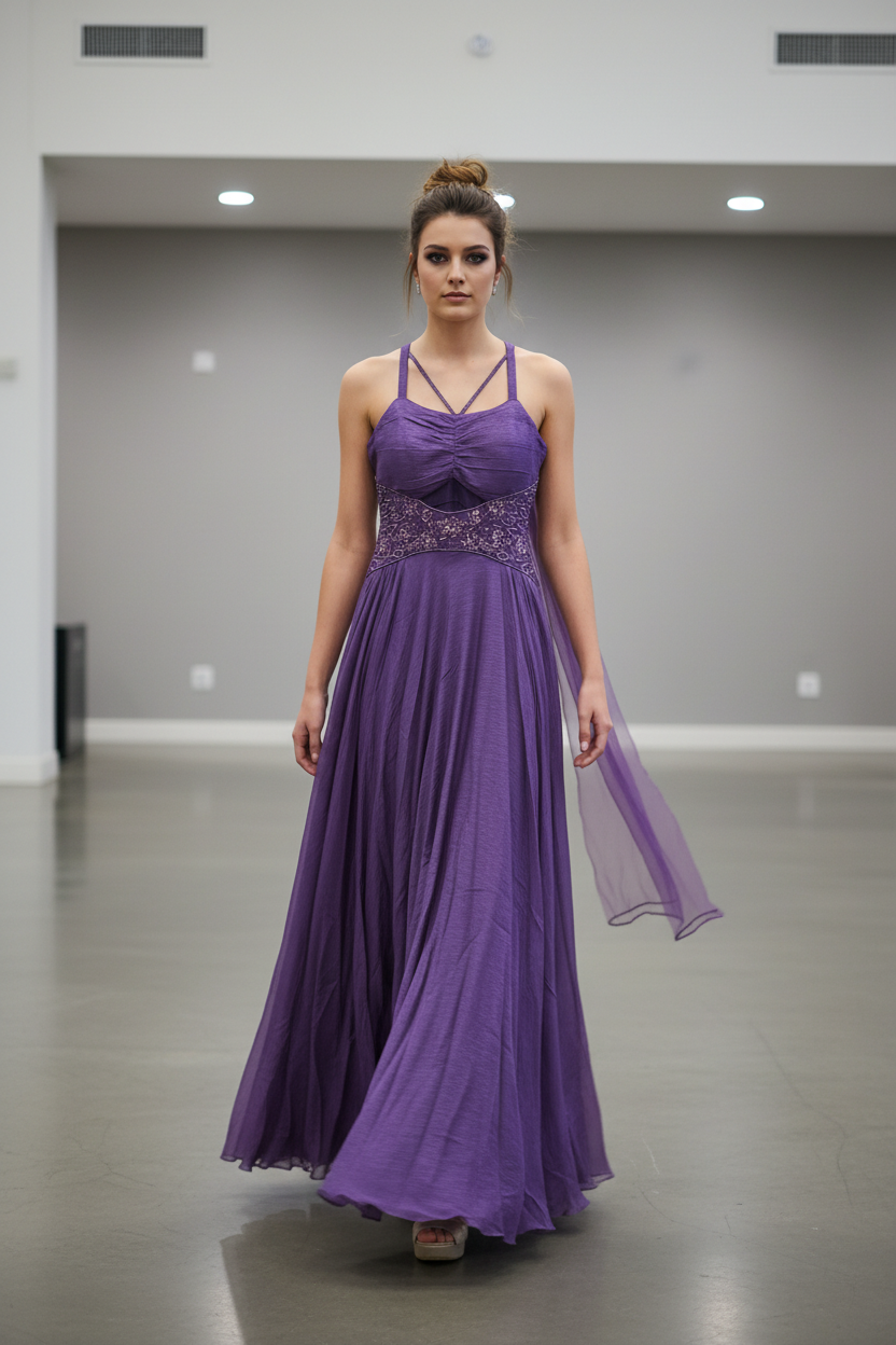 Model walking in a purple beaded evening gown with flowing skirt