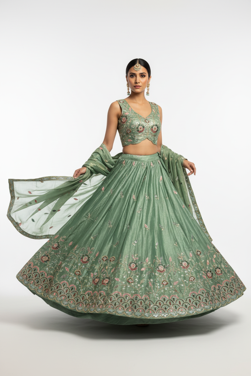 Sage Green Embroidered Lehenga