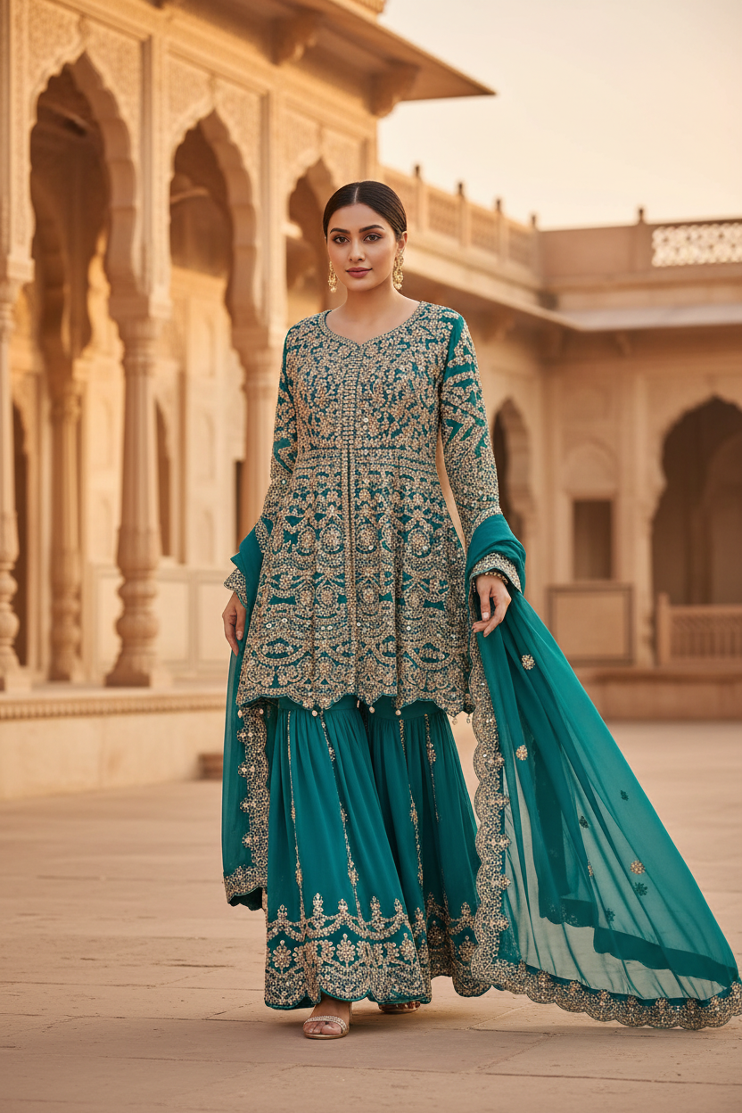 Teal Zari Sharara Set