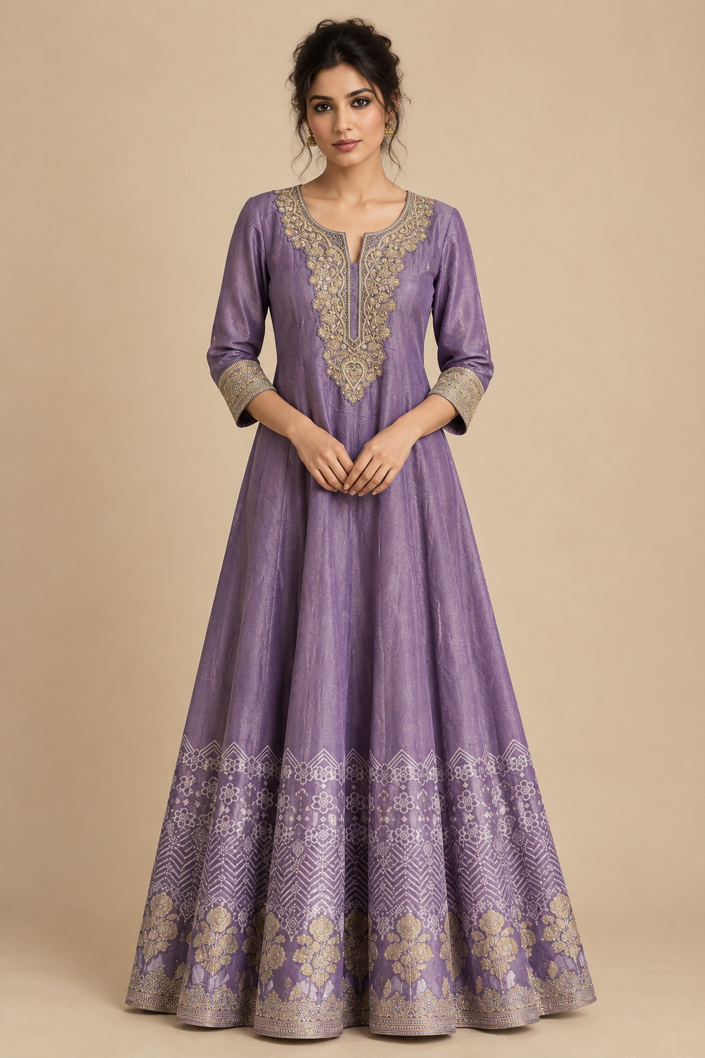 Front view of dusty lavender embroidered gown without the matching dupatta