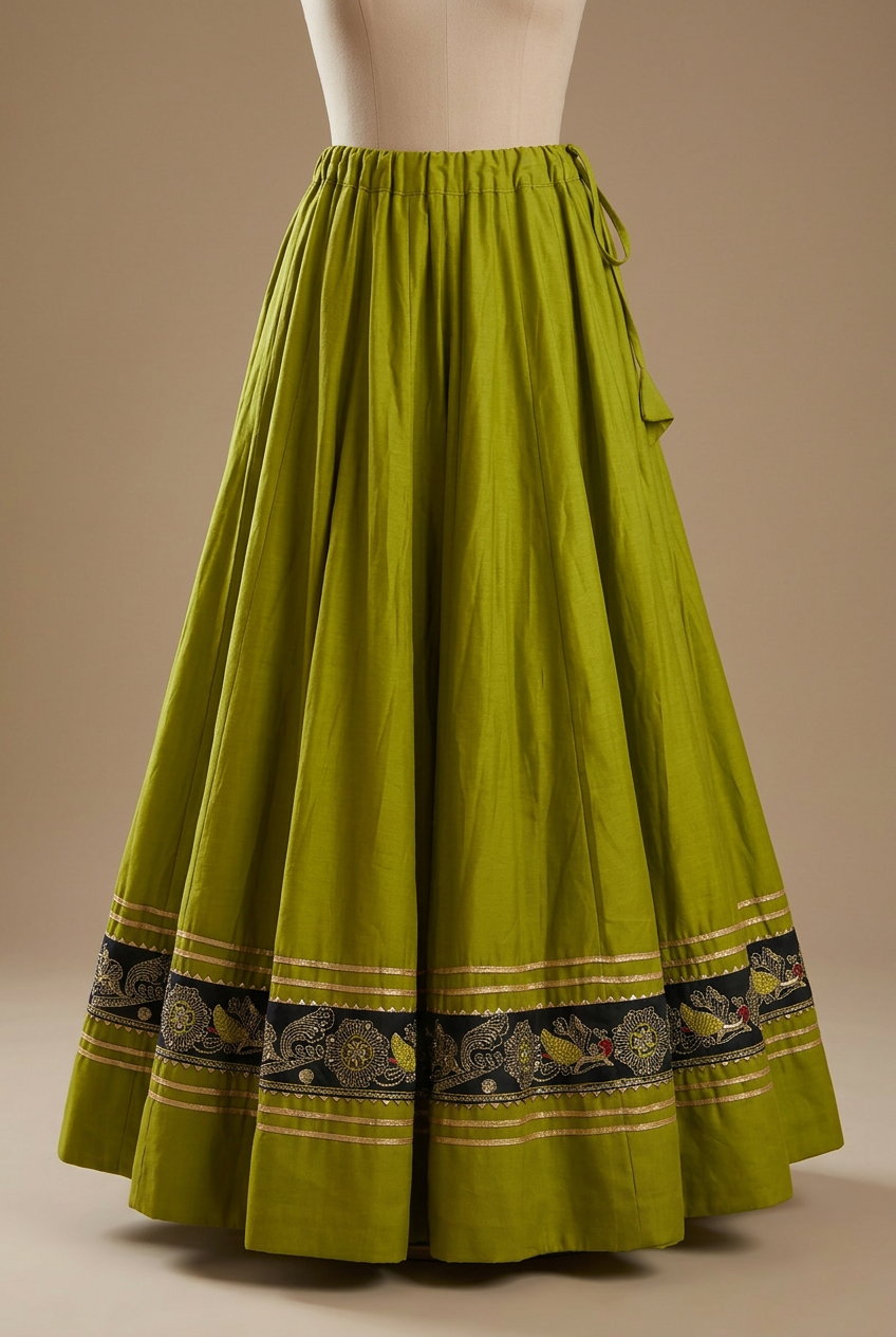 Chartreuse-green Garba skirt with flared panels and embroidered dark border, skirt only