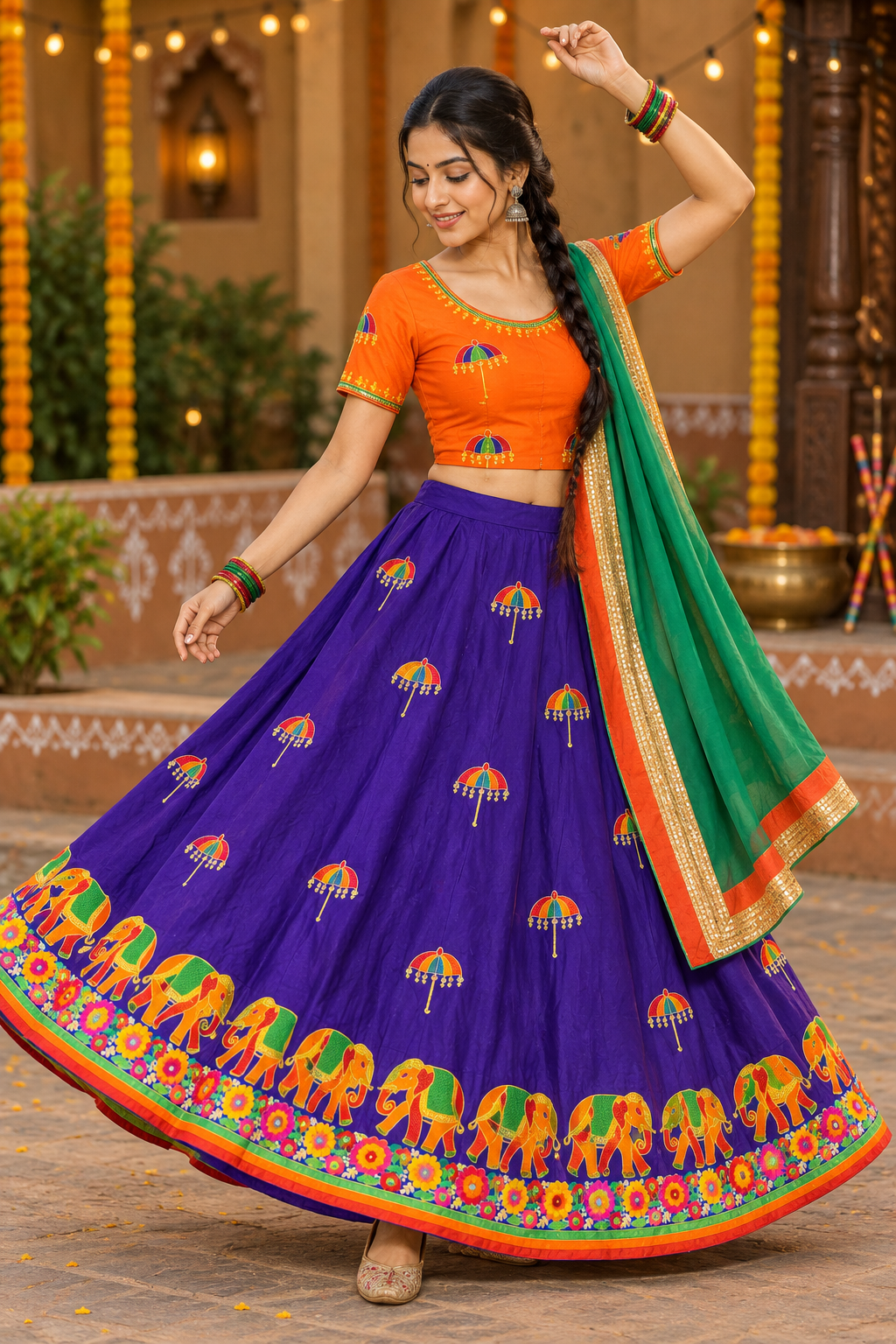 Model wearing the purple umbrella-motif Garba lehenga set with orange choli and green dupatta, front three-quarter view