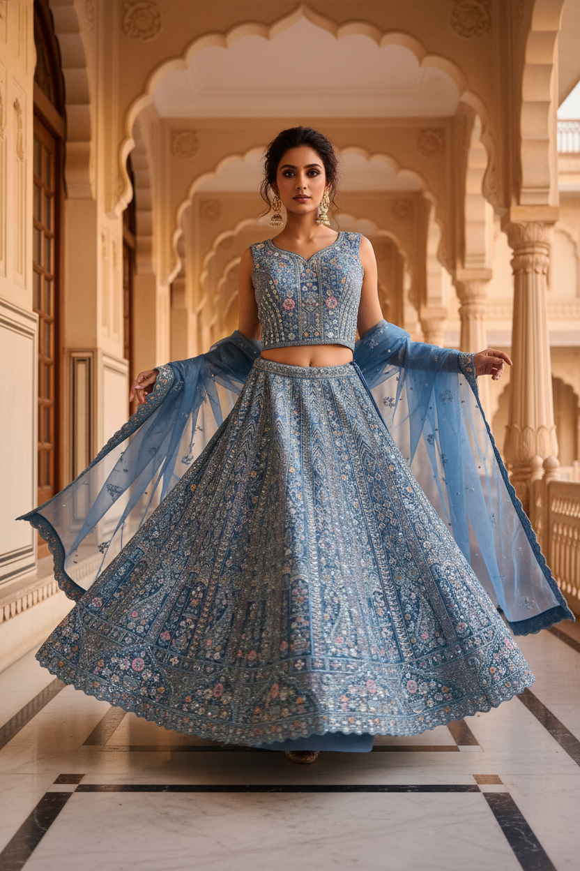 Azure Bloom Bridal Lehenga Set - Walking Pose