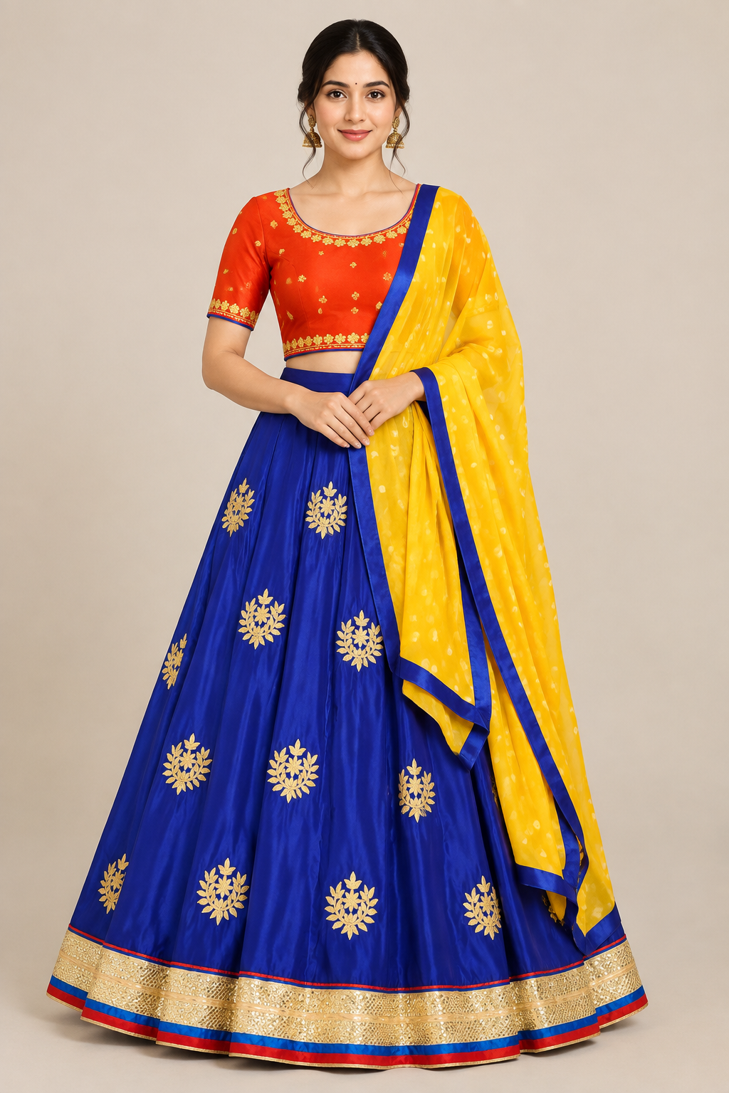 Front view of model wearing blue floral-motif lehenga, red-orange blouse and yellow drape
