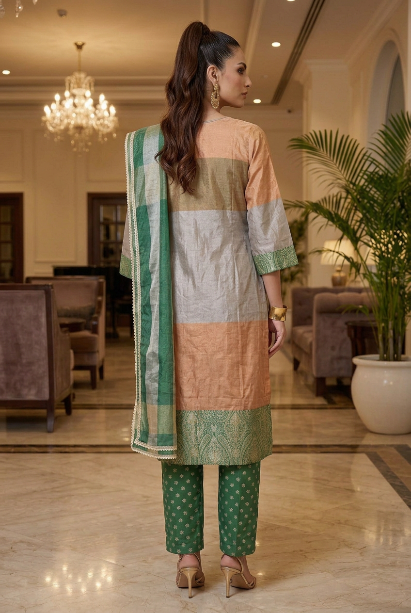 Rear view of peach and green three-piece suit showing color-block kurta and striped dupatta