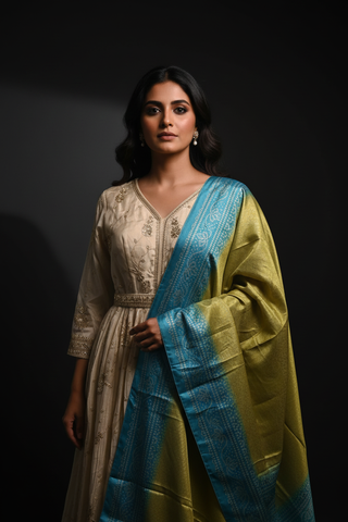 Ivory & Gold Zardozi Anarkali with Bandhani Dupatta