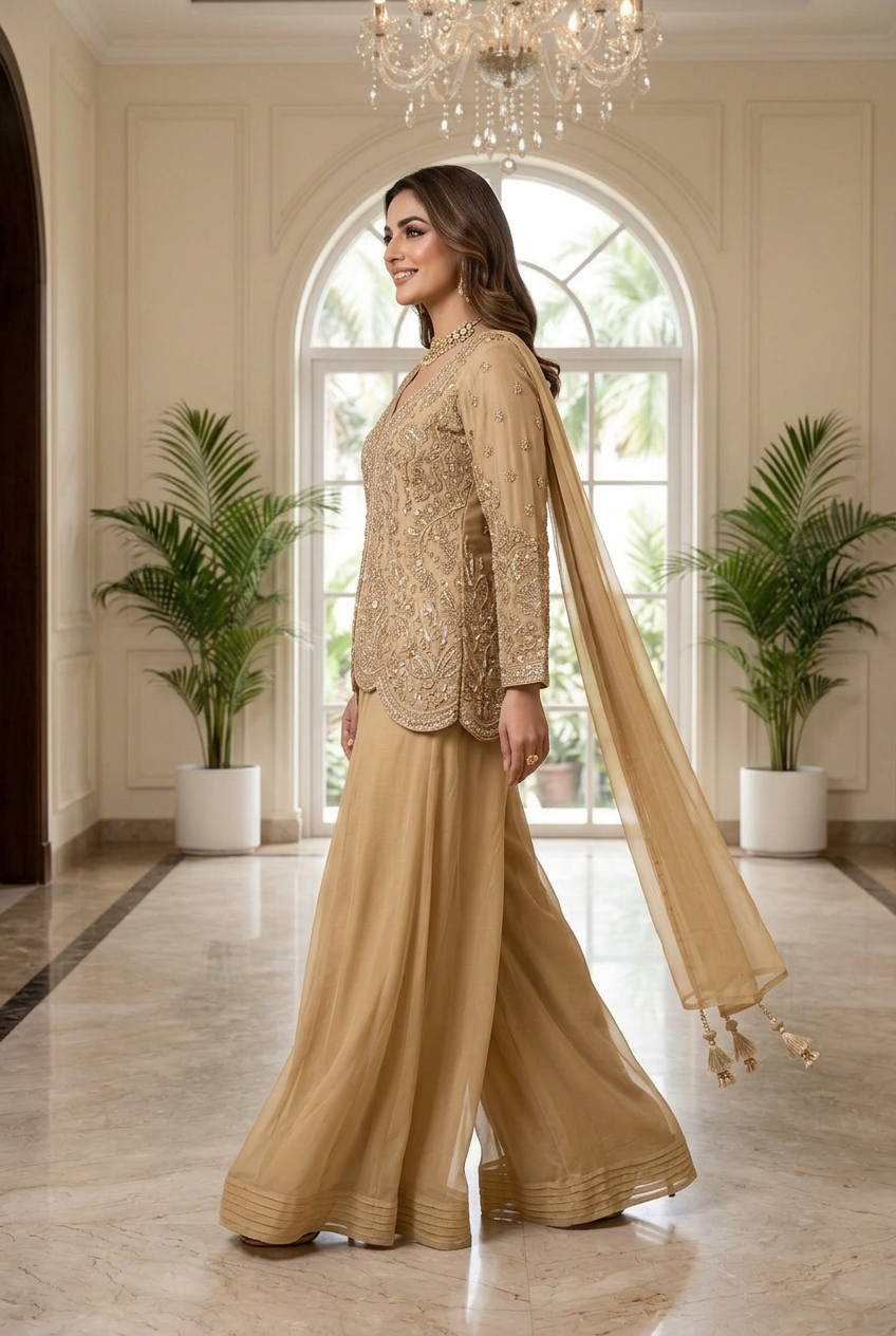 Model wearing the champagne-gold embroidered sharara set, side profile view