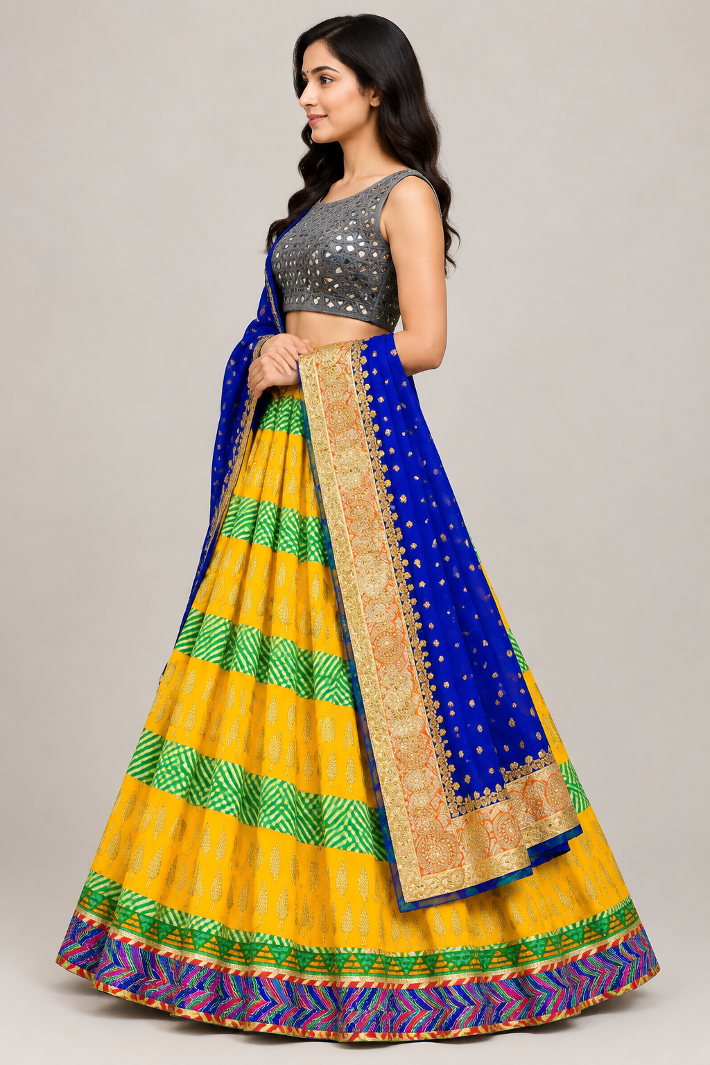 Model in side view wearing yellow and green striped lehenga with gray blouse and blue drape