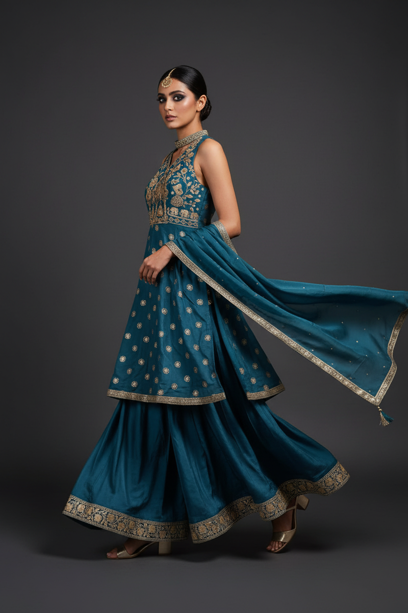 Teal embroidered sharara set - walking motion pose