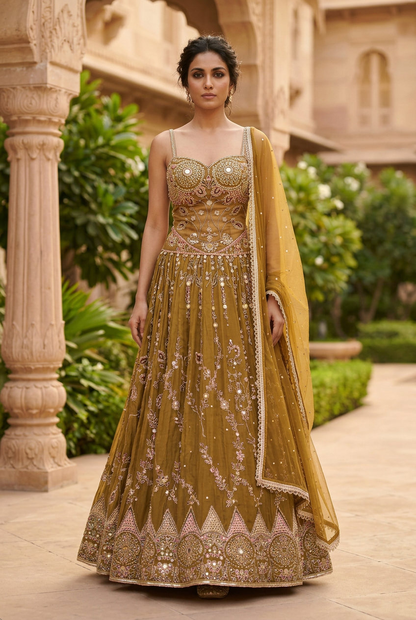 Olive Gold Corset Lehenga