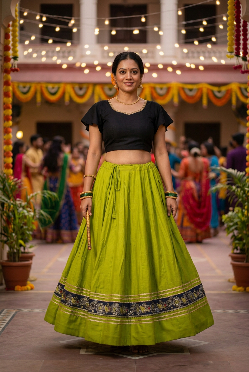 Model wearing chartreuse-green Garba skirt at a festival; blouse and accessories not included