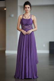 Model wearing a purple beaded evening gown in a front pose