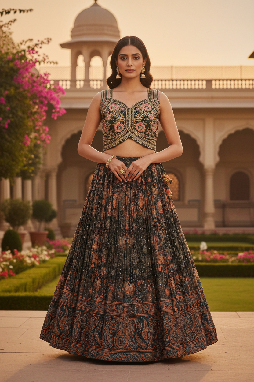 Model wearing Floral Embroidered Lehenga Set - front pose without dupatta at dusk