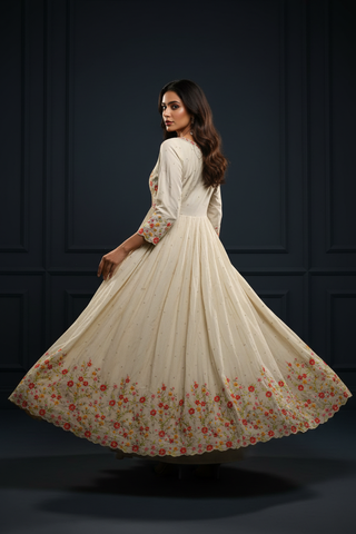 Ivory Floral Anarkali with Ombre Bandhani Dupatta