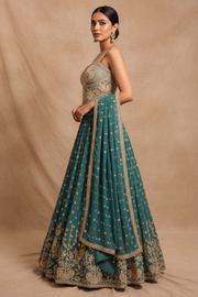 Teal Gold Embroidered Lehenga