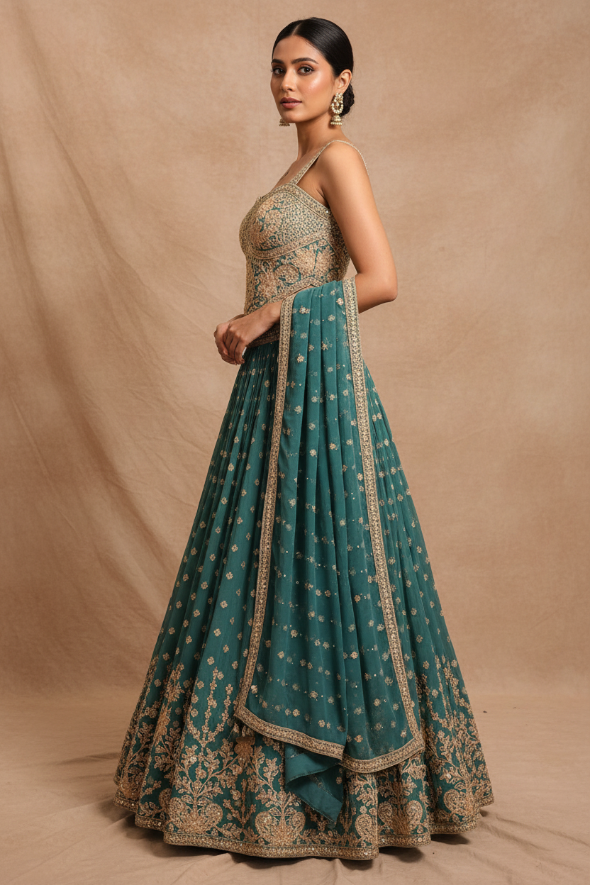 Teal Gold Embroidered Lehenga