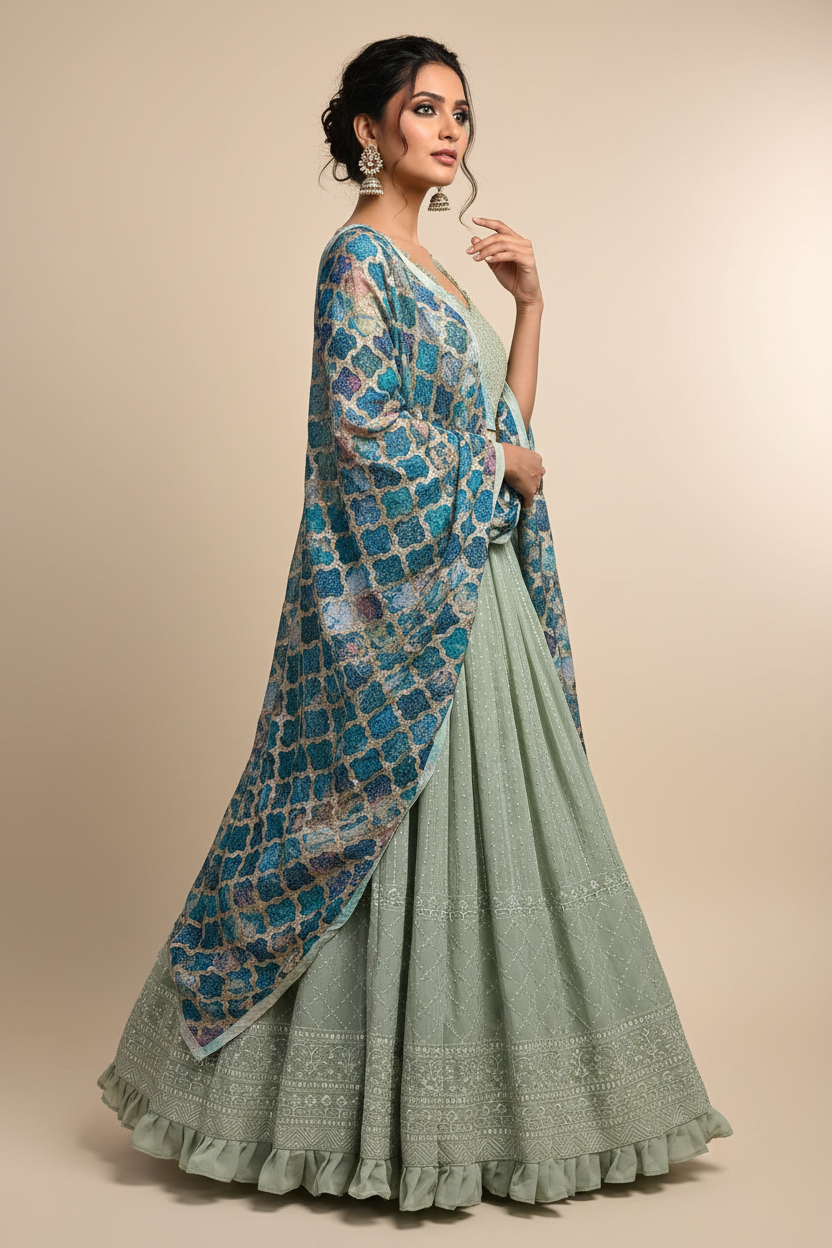 Mint Lucknowi Chikankari Lehenga Set