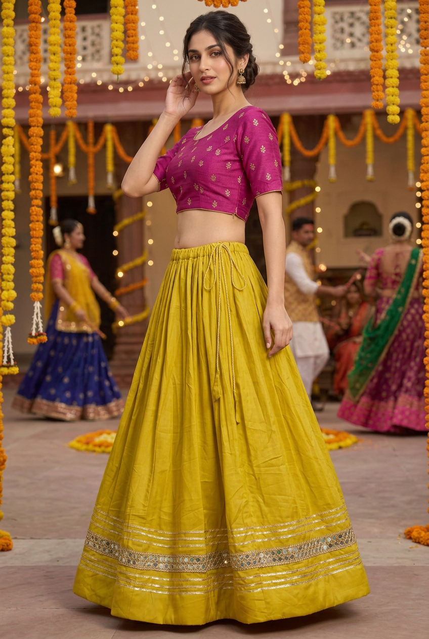 Same elegant model in a turned editorial pose showing yellow skirt drawstring waist and complete mirror-work hem. Blouse and accessories not included.
