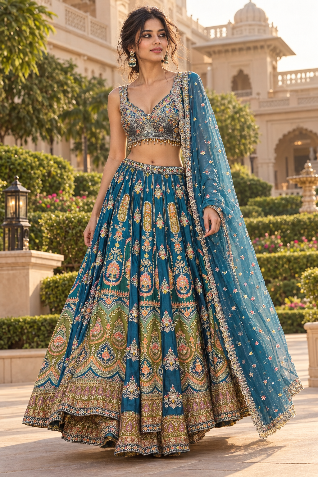 Model in teal floral embroidered lehenga set, walking pose