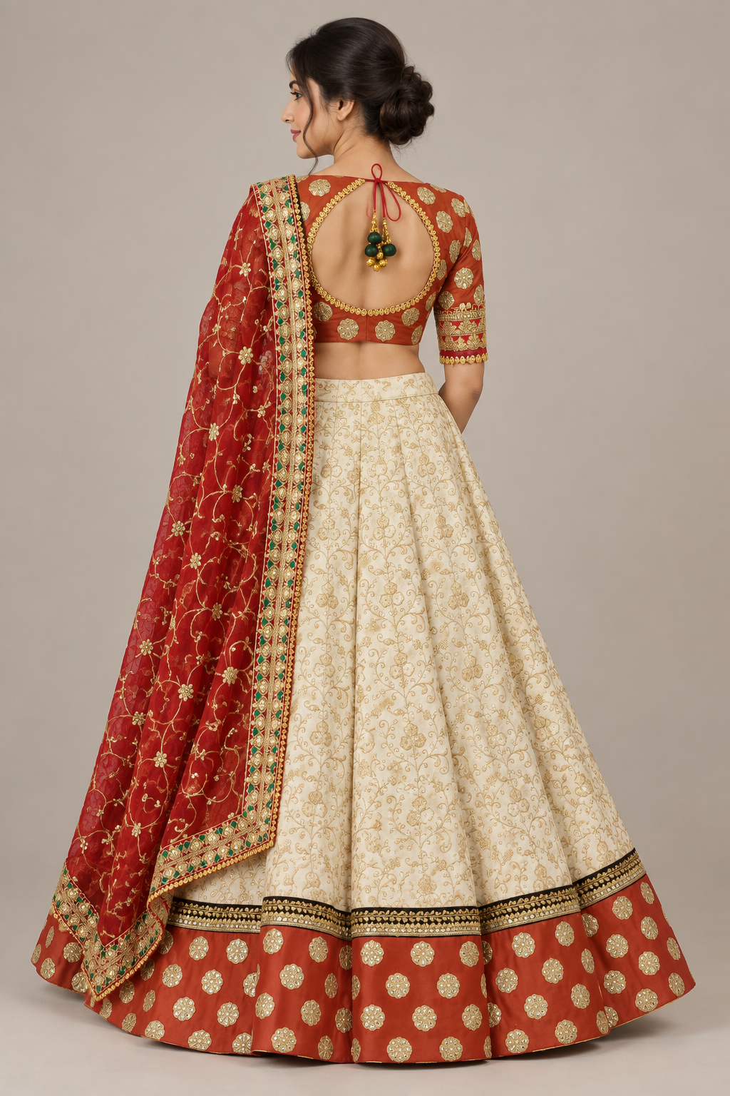 Back view of model wearing cream and rust lehenga set with choli back cutout