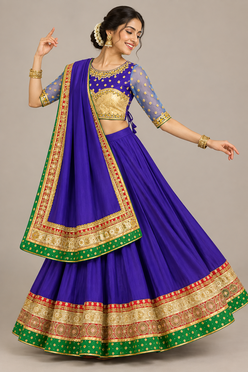 Side view of purple lehenga with elbow-length blouse sleeves and opaque purple bordered dupatta