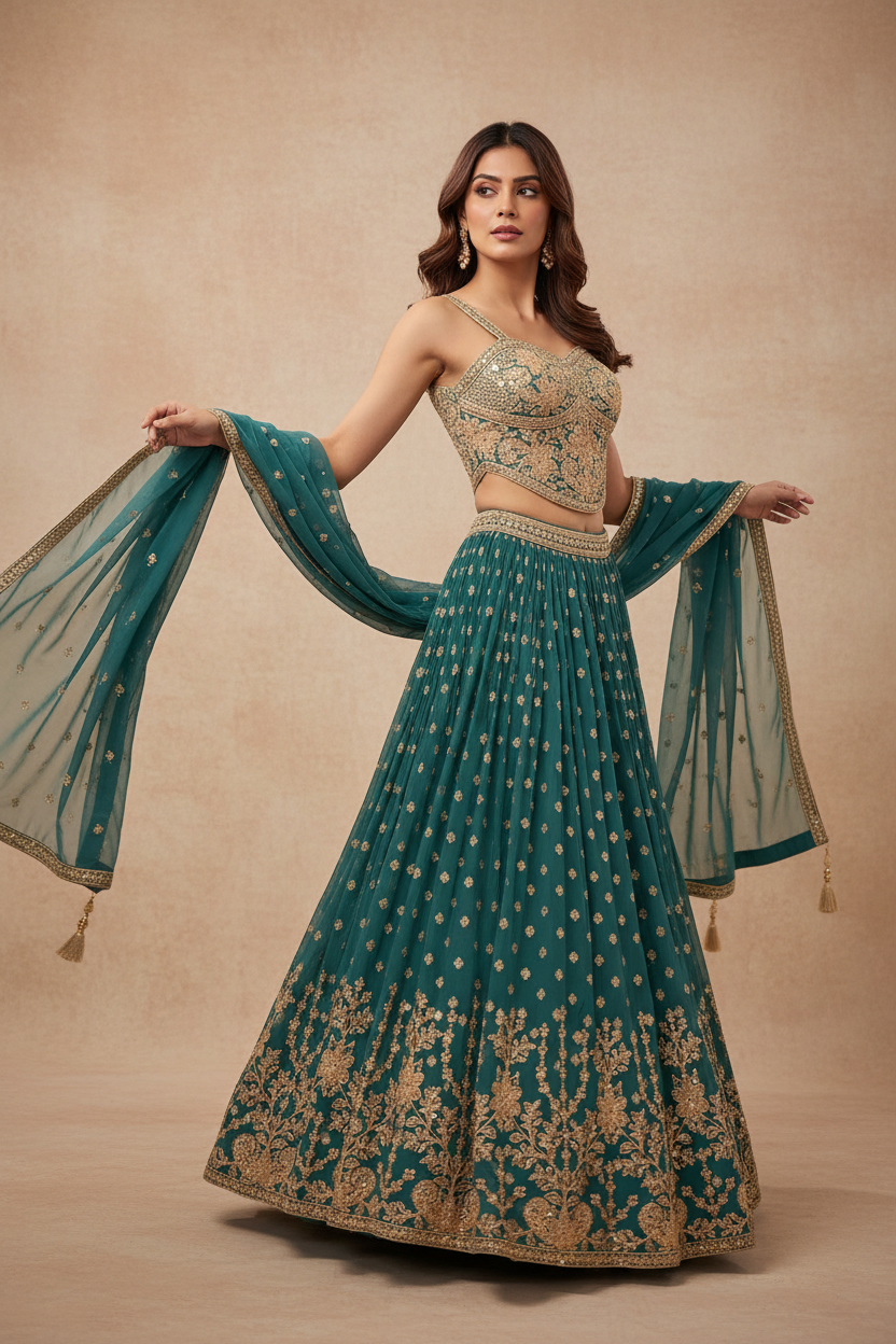 Teal Gold Embroidered Lehenga