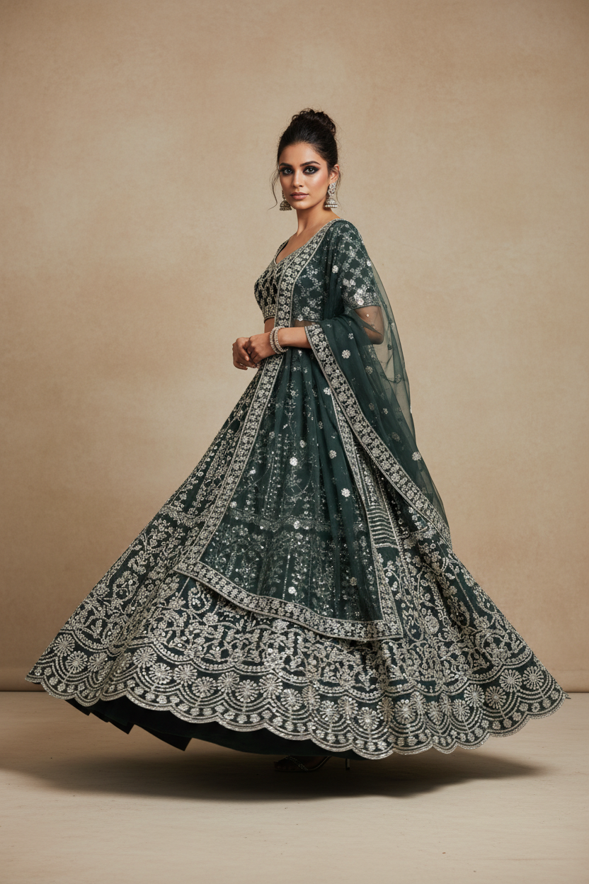 Emerald Lehenga with Silver Embroidery
