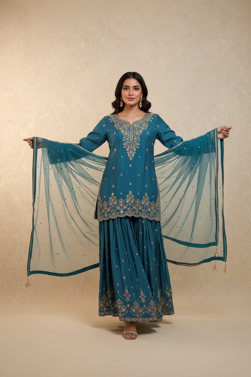 Teal embroidered sharara set - walking pose