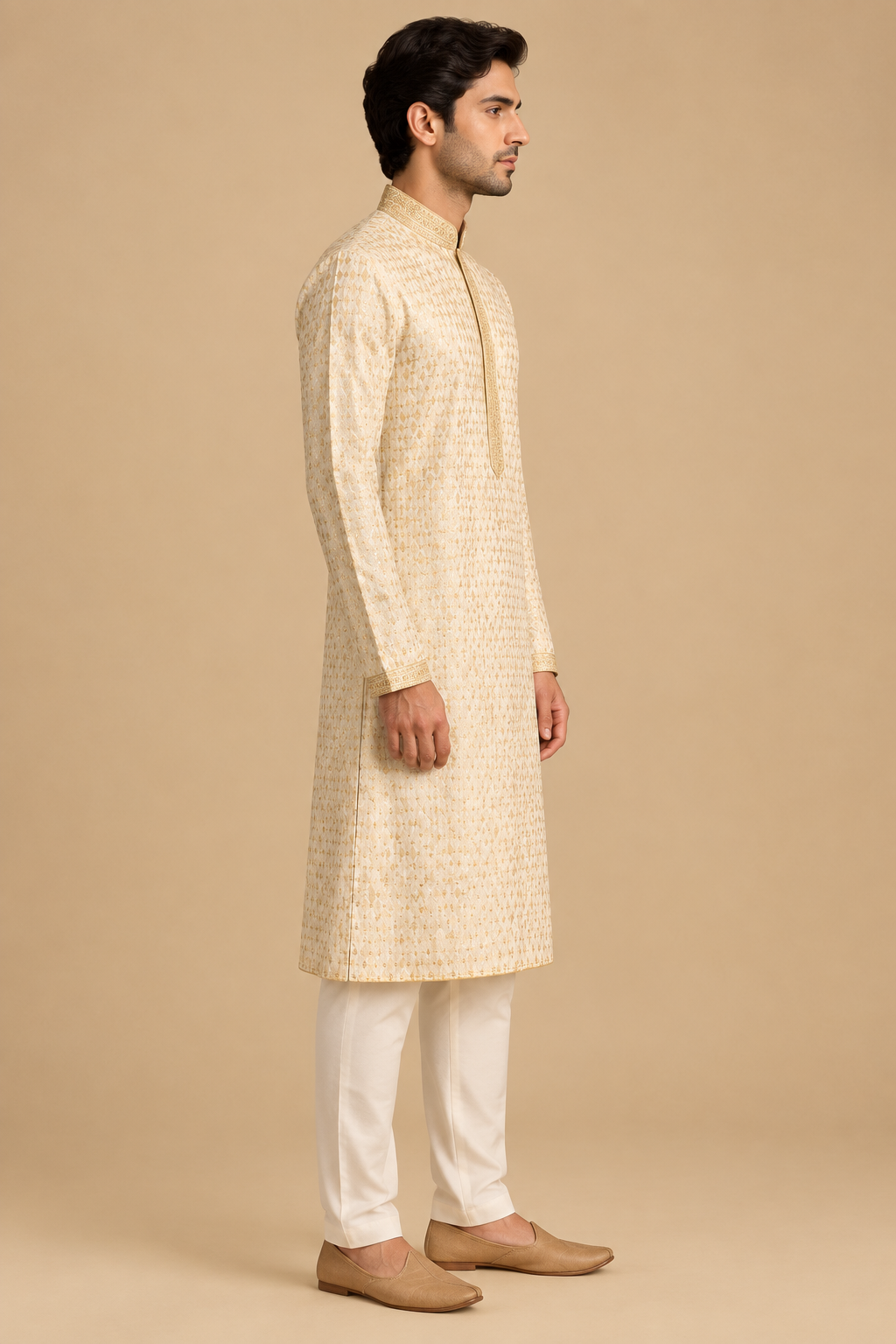 Side profile of ivory gold-patterned kurta styled with off-white trousers and tan shoes