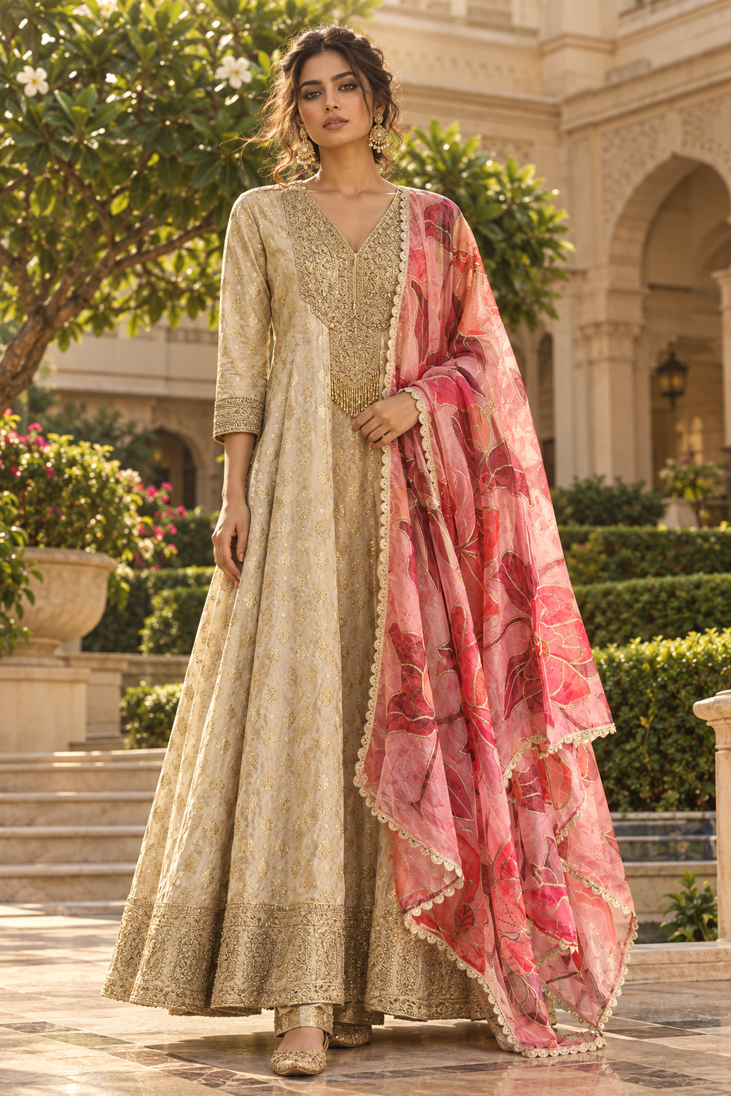 Model in beige brocade anarkali with pink floral dupatta, front view