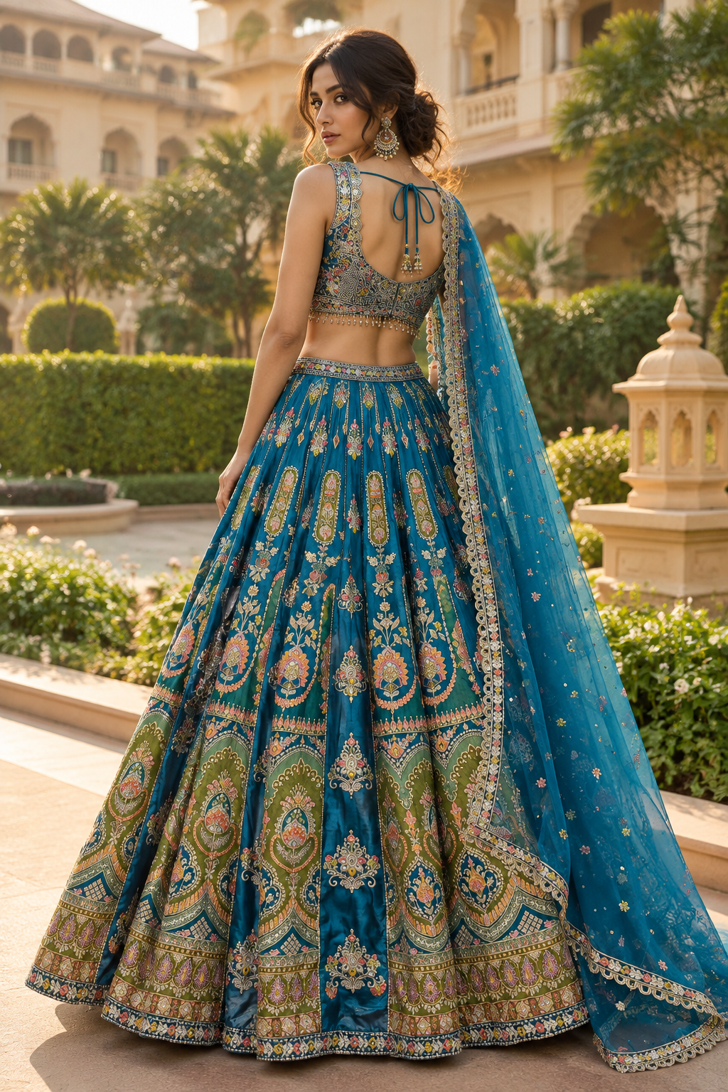 Model in teal floral embroidered lehenga set, back pose