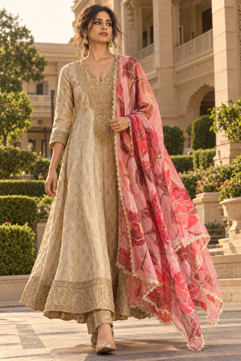 Model walking in beige brocade anarkali set with floral dupatta
