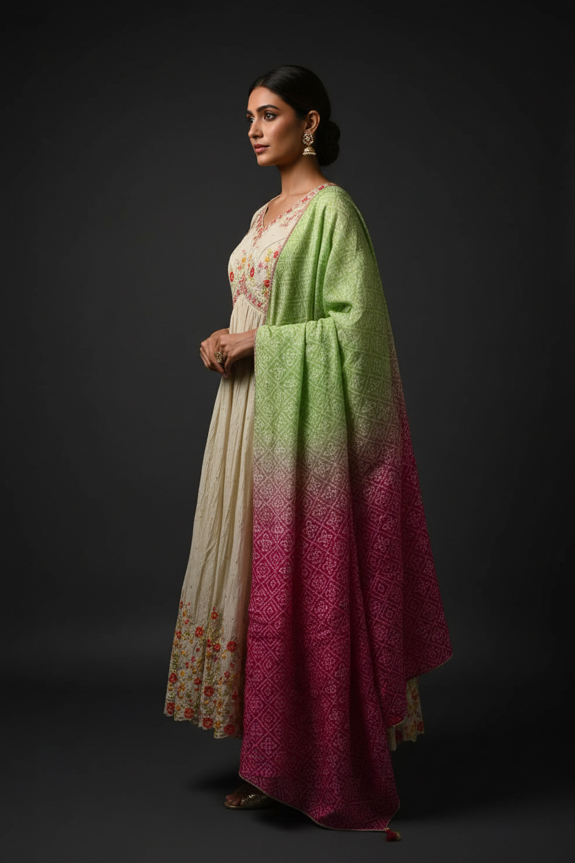 Ivory Floral Anarkali with Ombre Bandhani Dupatta