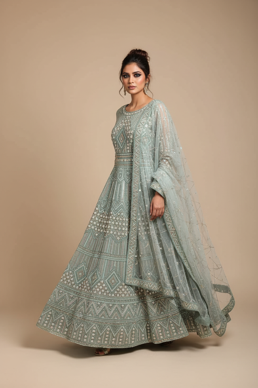 Sea foam anarkali - walking pose