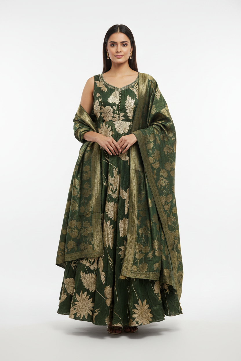 Forest Green Banarasi Floral Gown