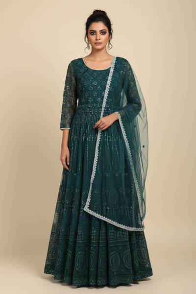 Teal Embroidered Anarkali Set