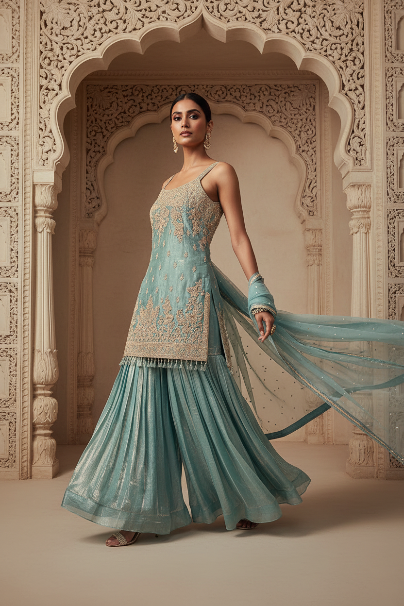 Aqua Embroidered Sharara Set