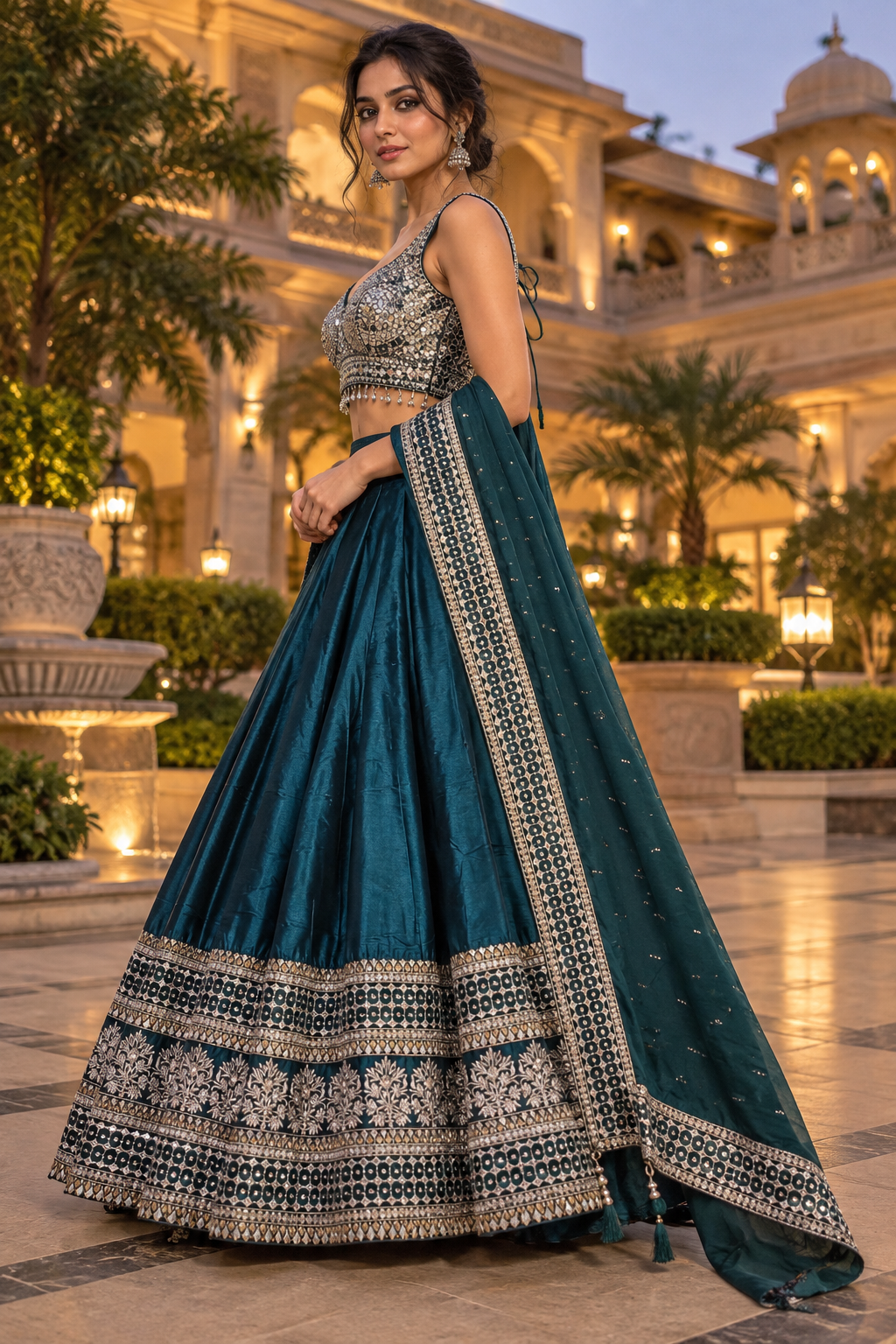 Side view of a deep teal mirrorwork lehenga set with embellished blouse and bordered dupatta