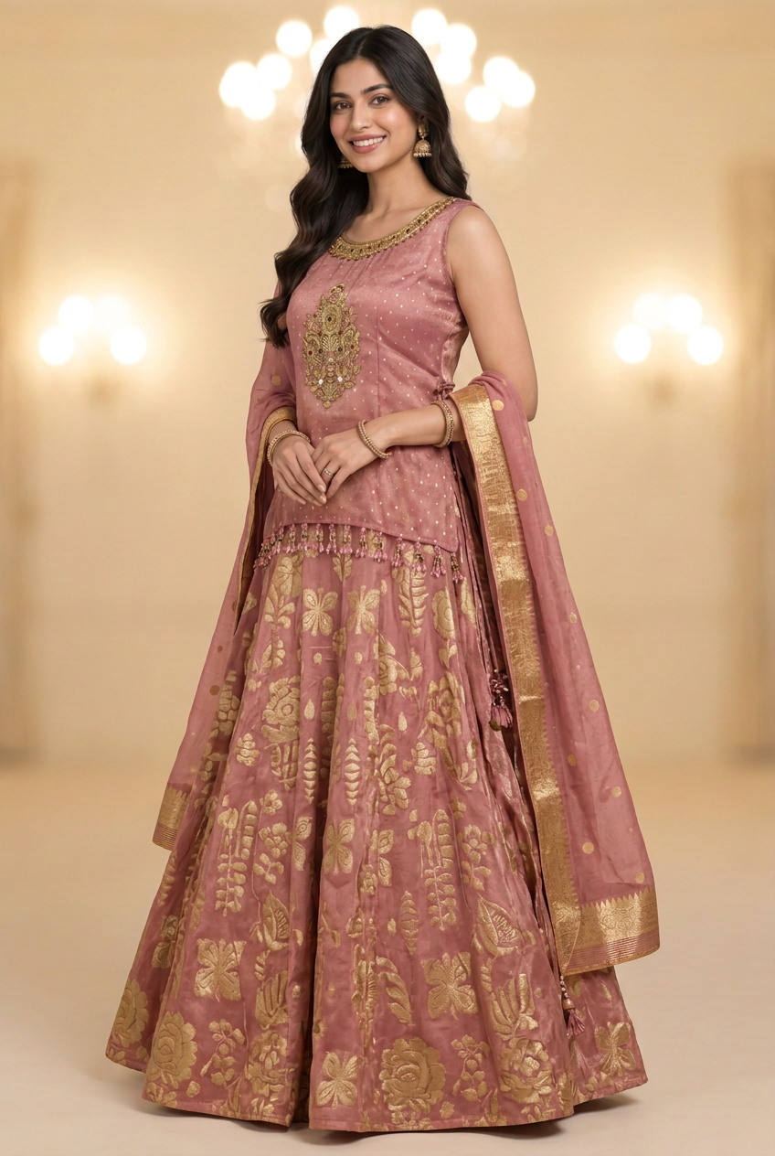 Three-quarter side view of pink and gold lehenga showing blouse side ties and gold-bordered dupatta.
