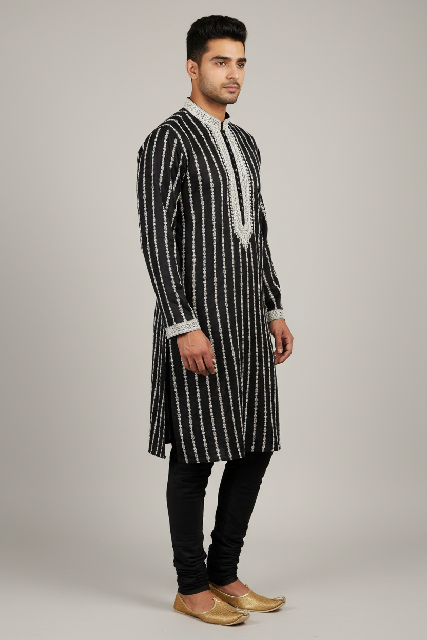 Male model wearing black embroidered kurta set with gold juttis - side profile