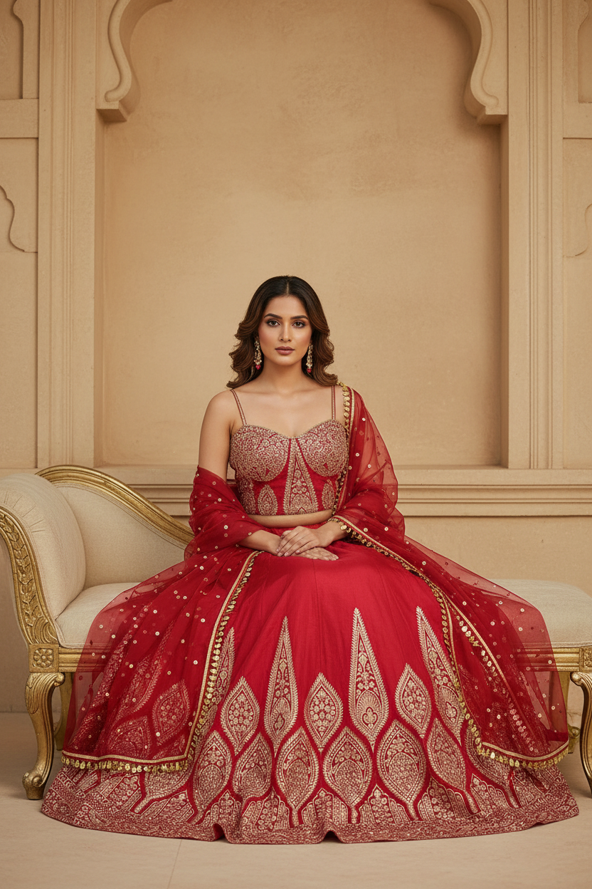 Red Benarsi Corset Lehenga Set