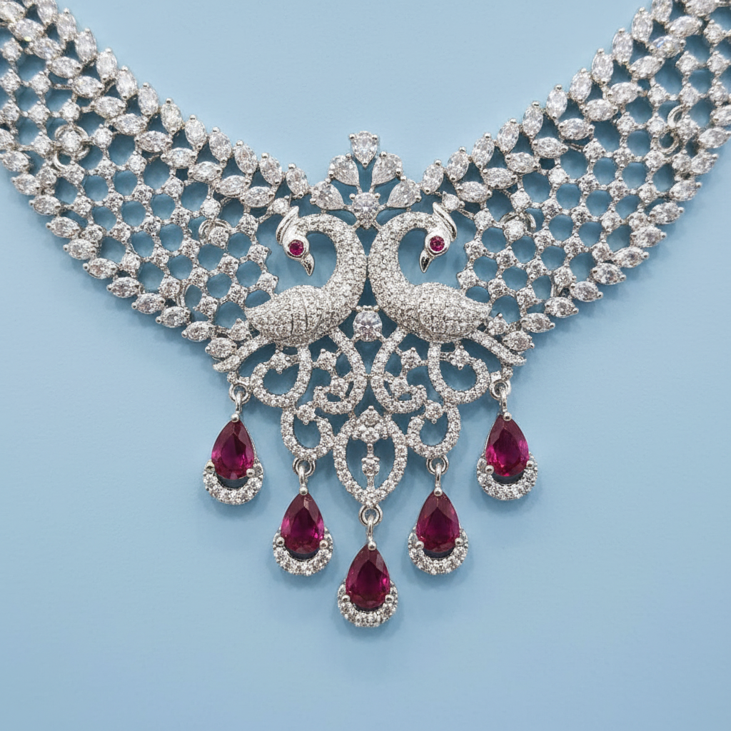 Close-up of the Dhivya necklace's silver-tone peacock-motif pendant with crystal-style pavé and ruby-red teardrop drops on a light blue background