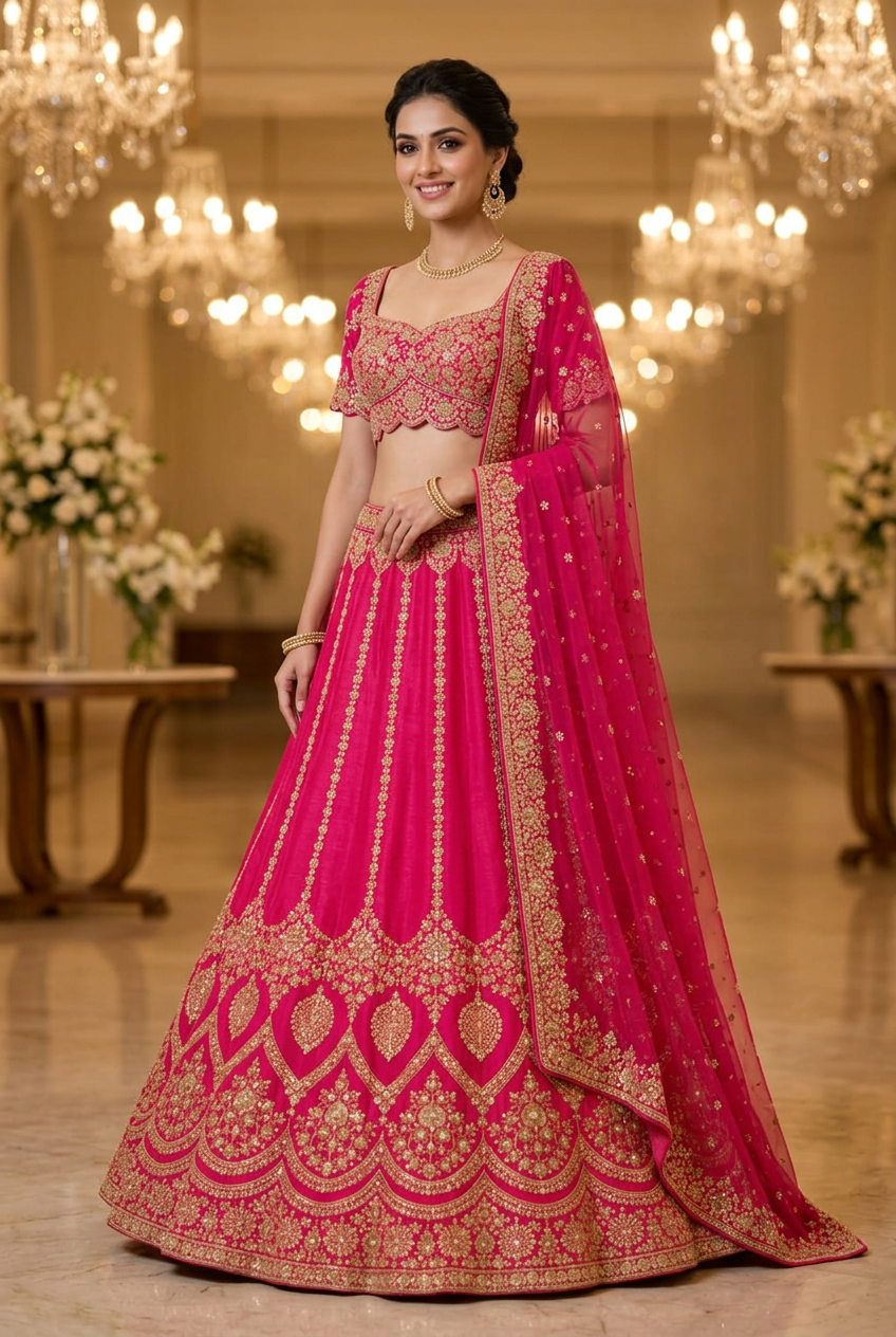 Three-quarter view of a fuchsia bridal lehenga with short-sleeved blouse, flared skirt and sheer dupatta.