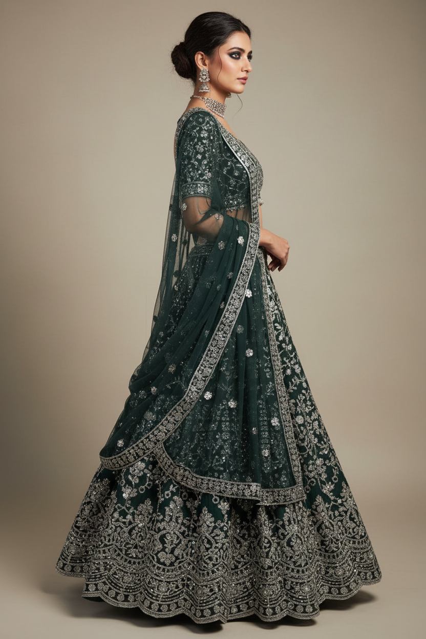 Emerald Lehenga with Silver Embroidery